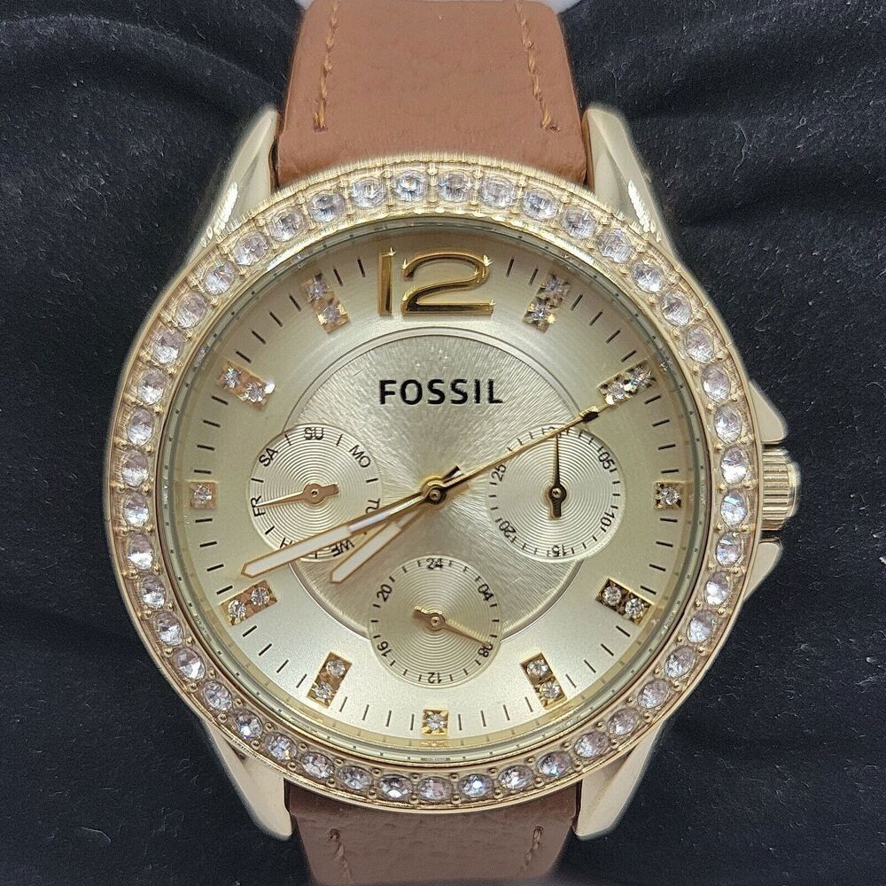 Fossil Riley ES3203 Womens Leather Champagne Analog Dial Quartz Wrist Watch BC65